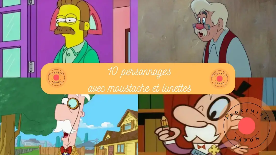 10 personnages de dessins animés avec moustache et lunettes