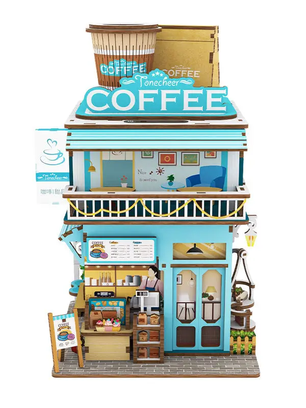 Miniature House Wooden Handmade Kit Cape Coffee Shop w/Motion Detector